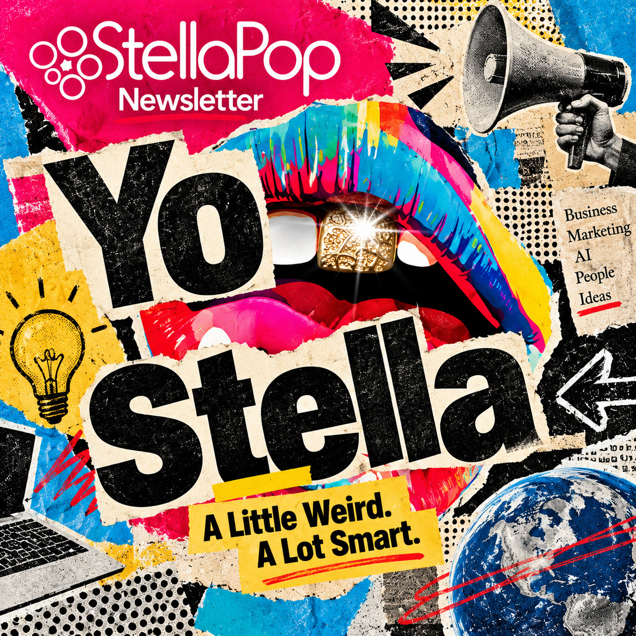 A vivid StellaPop Newsletter collage with YoStella lettering, a carnival mask, megaphone, light bulb, laptop, and globe.
